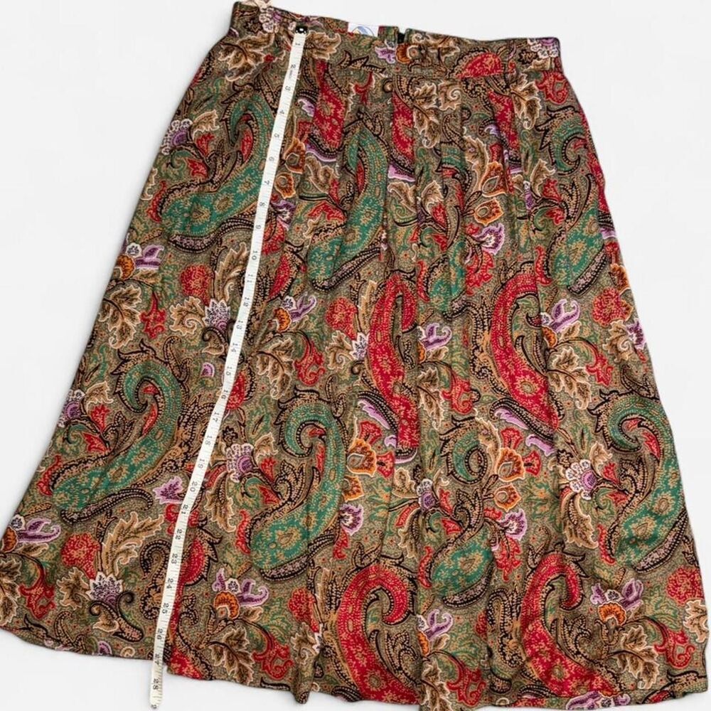 Vintage Miss Astor Paisley Pleated Midi Skirt in Red, Tan, and Green Muted Tones - Picture 3 of 6